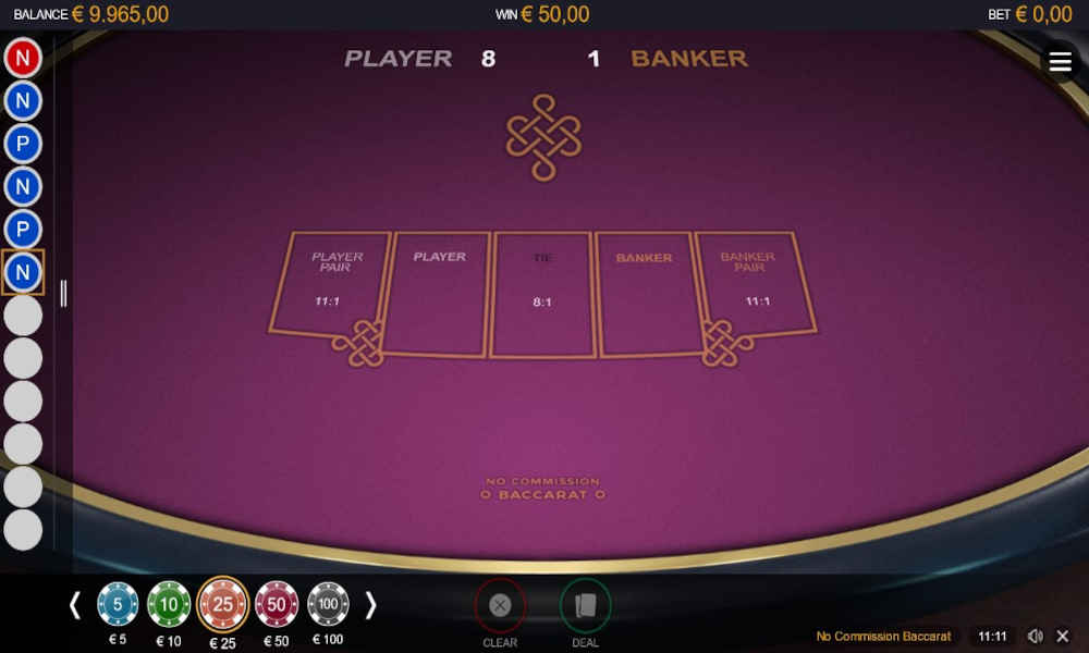 Try No Commission Baccarat online for free in demo mode with no download or registration No Commission Baccarat is played with eight standard decks of 52 playing cards that are shuffled when a portion of the deck is dealt.